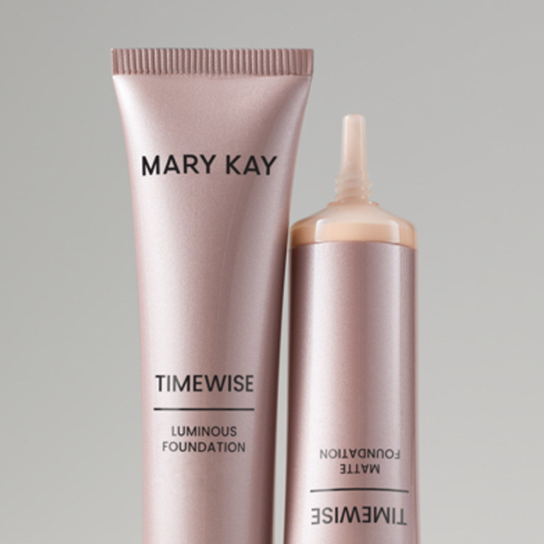 Mary Kay TimeWise Luminous and Matte Foundation in soft pink tube and bottle packaging.